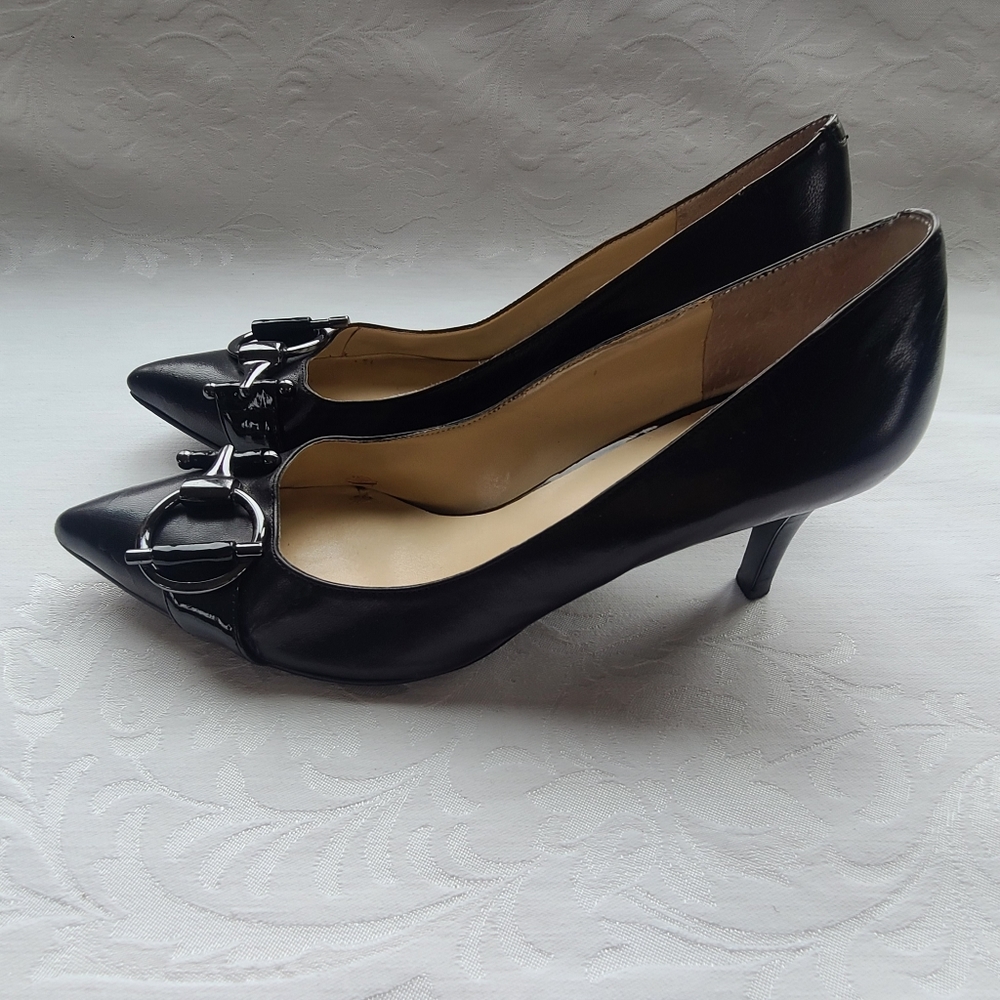 Nine West Black Leather Pumps with Metal Accents